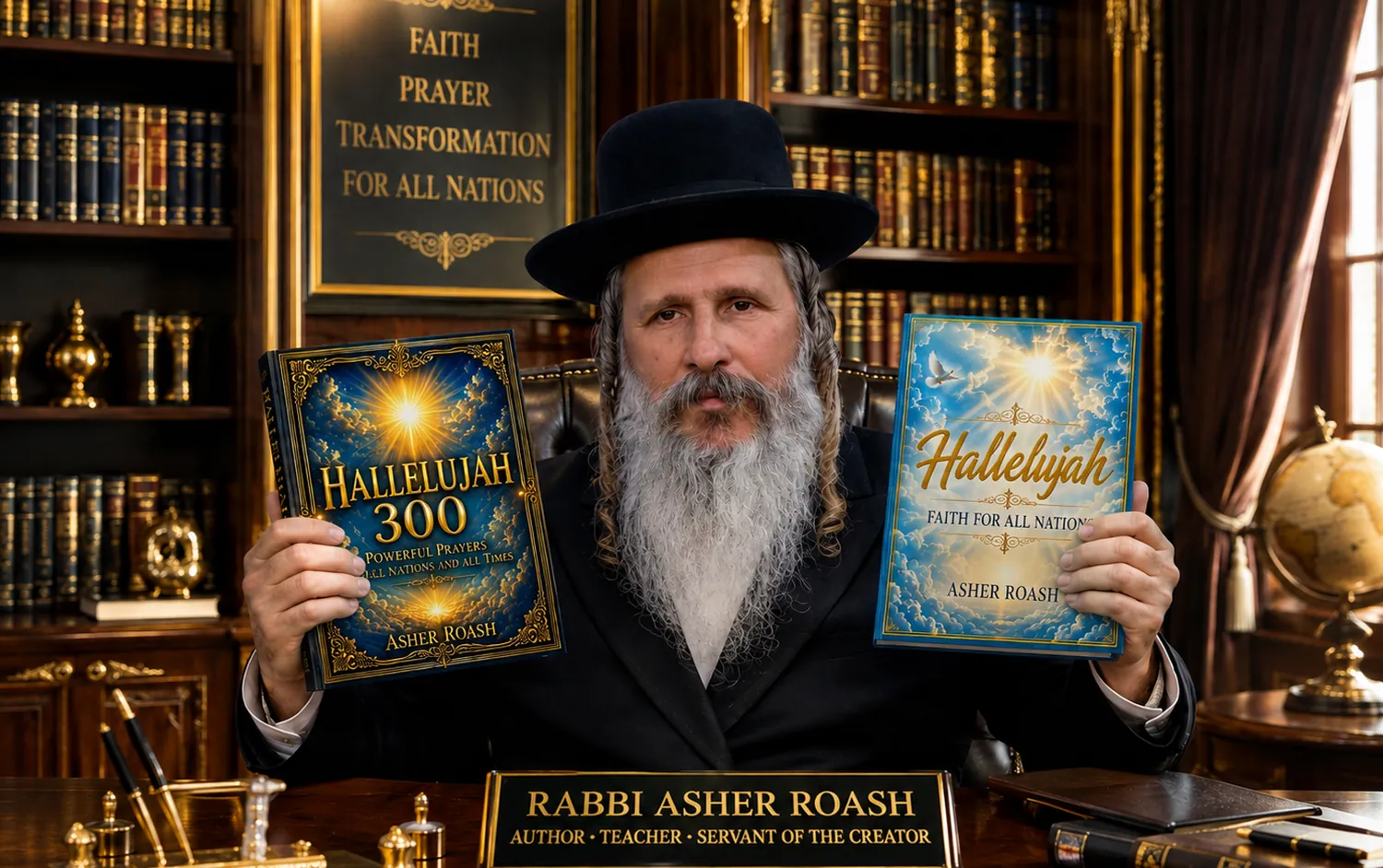 Rabbi Asher Roash at his desk holding both books — Hallelujah 300 in one hand and Hallelujah: Faith for All Nations in the other