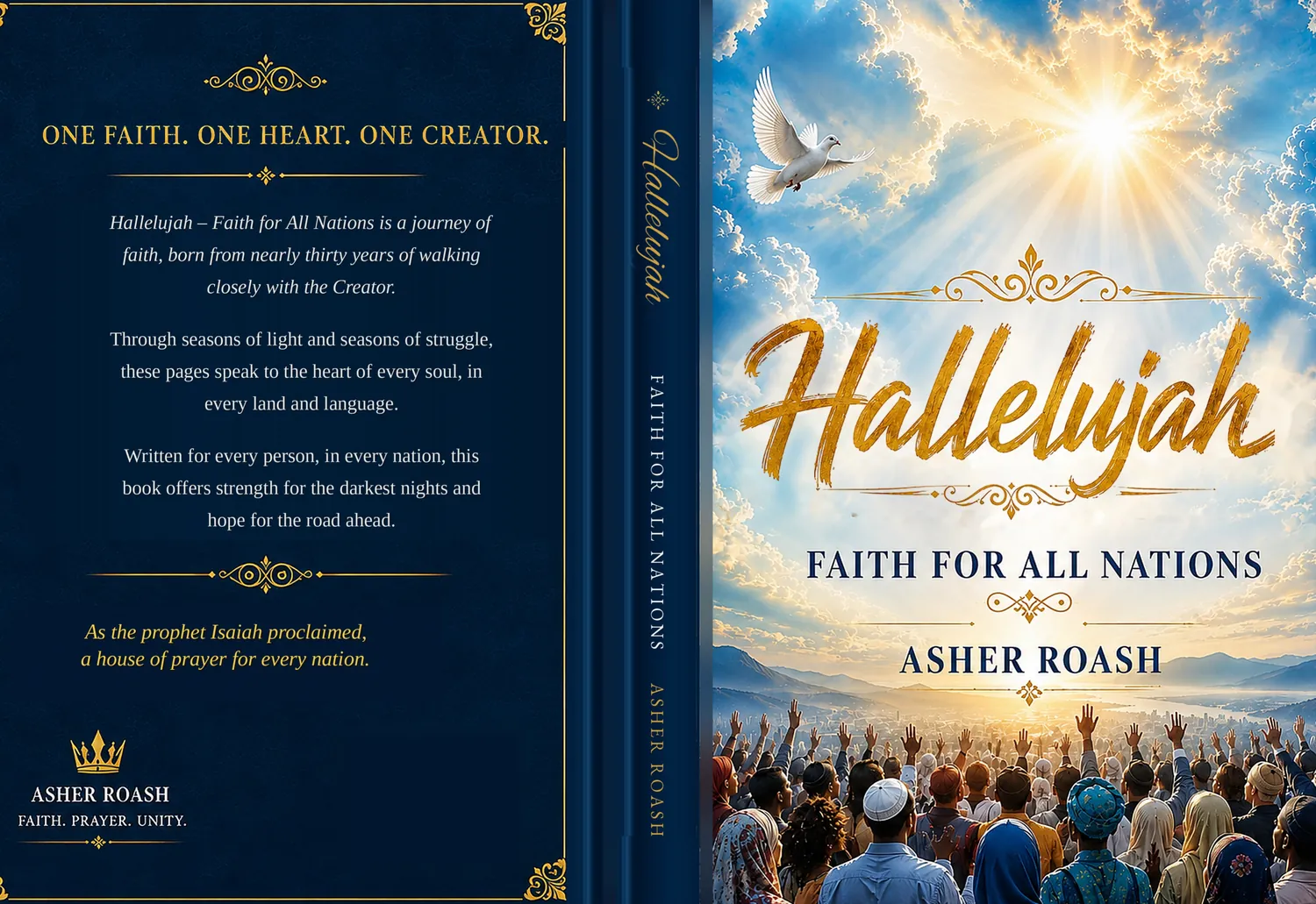 The full printed cover of Hallelujah — Faith for All Nations: the back cover with its blessing, the spine, and the front cover